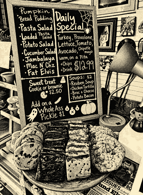 The daily special chalkboard at Fatty's with sides, soups and cookies, printed as a halftone