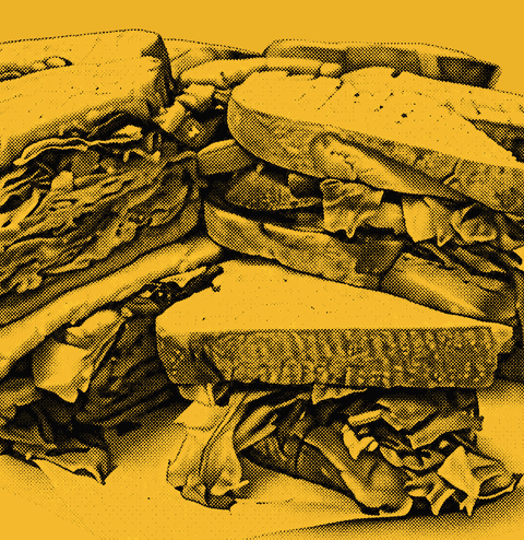 Stacked club sandwiches printed as a mustard halftone