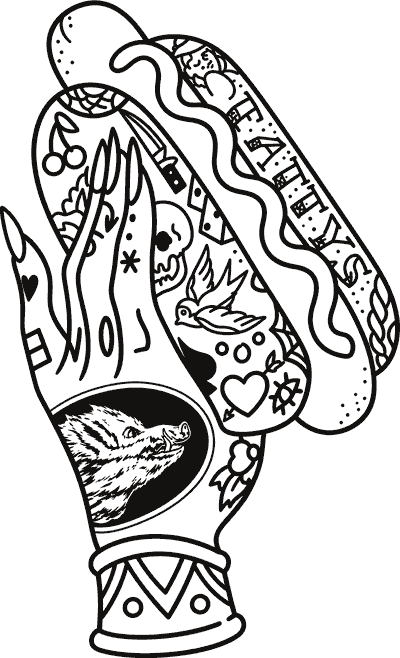 Tattoo flash style hand holding a hot dog with Fatty's written on the bun