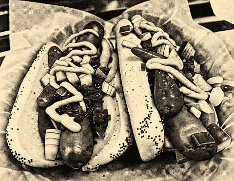 Two Chicago style hot dogs printed as a cream halftone