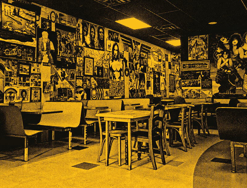 Inside Fatty's: walls covered in murals and rock posters above orange booths, printed as a mustard halftone