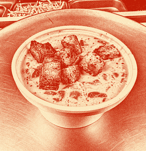 Reuben soup with croutons printed as a red halftone